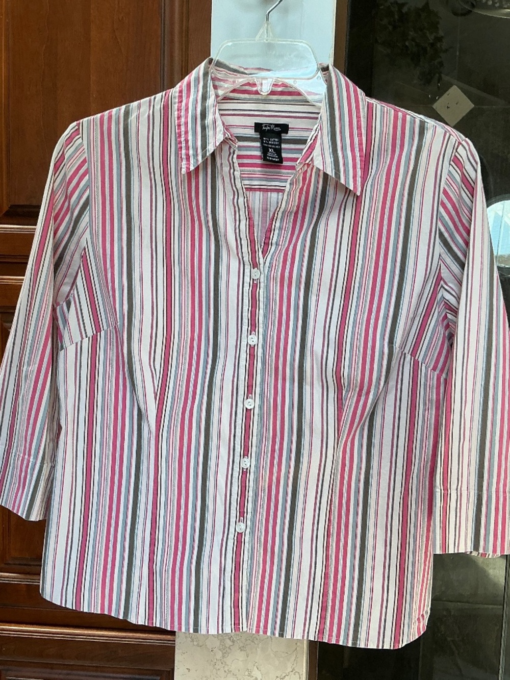 Taylor Marcs XL Pink Stripe Button-Front Shirt 3/4 Sleeve Stretch Cotton Blouse